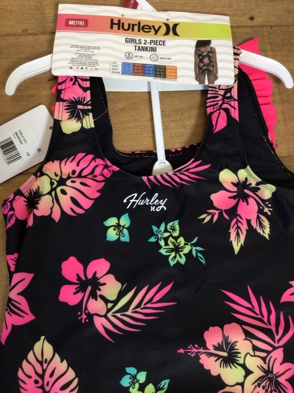 Hurley Girls 2-Piece Ruffle Black Tropical Floral Tankini Swim Set Size M 7-8
